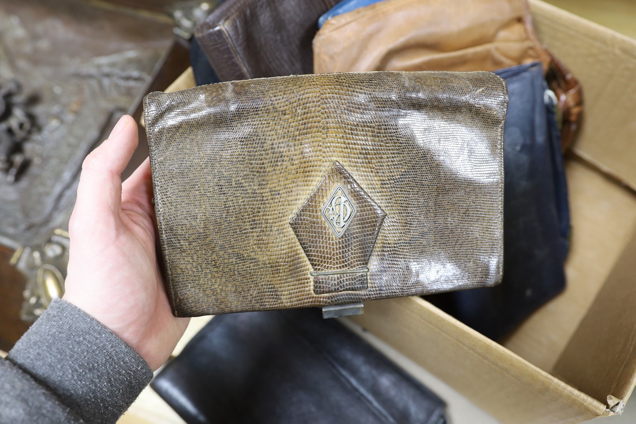 Vintage bags: a collection of eight leather bags from the 1930’s and 40’s, each with unusual design features specific to that era